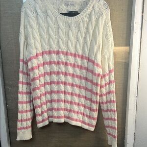Becool Boutique Pink and Cream Cable Knit Crew Neck Sweater